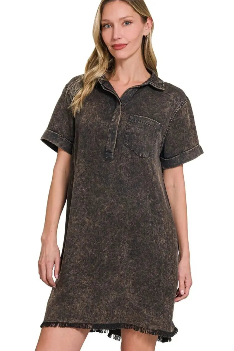 Zenana Tencel Mineral Washed Collared Shirt Dress for Women - Love Salve